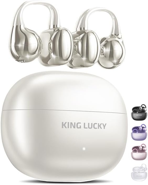 King Lucky Clip-On Earbuds, Open-Ear Wireless Bluetooth 6.0 Headphones with Mic, Secure Fit for Small Ears & Glasses Wearers, 50H Playtime, ENC, IPX5 Waterproof Sport Ear Buds