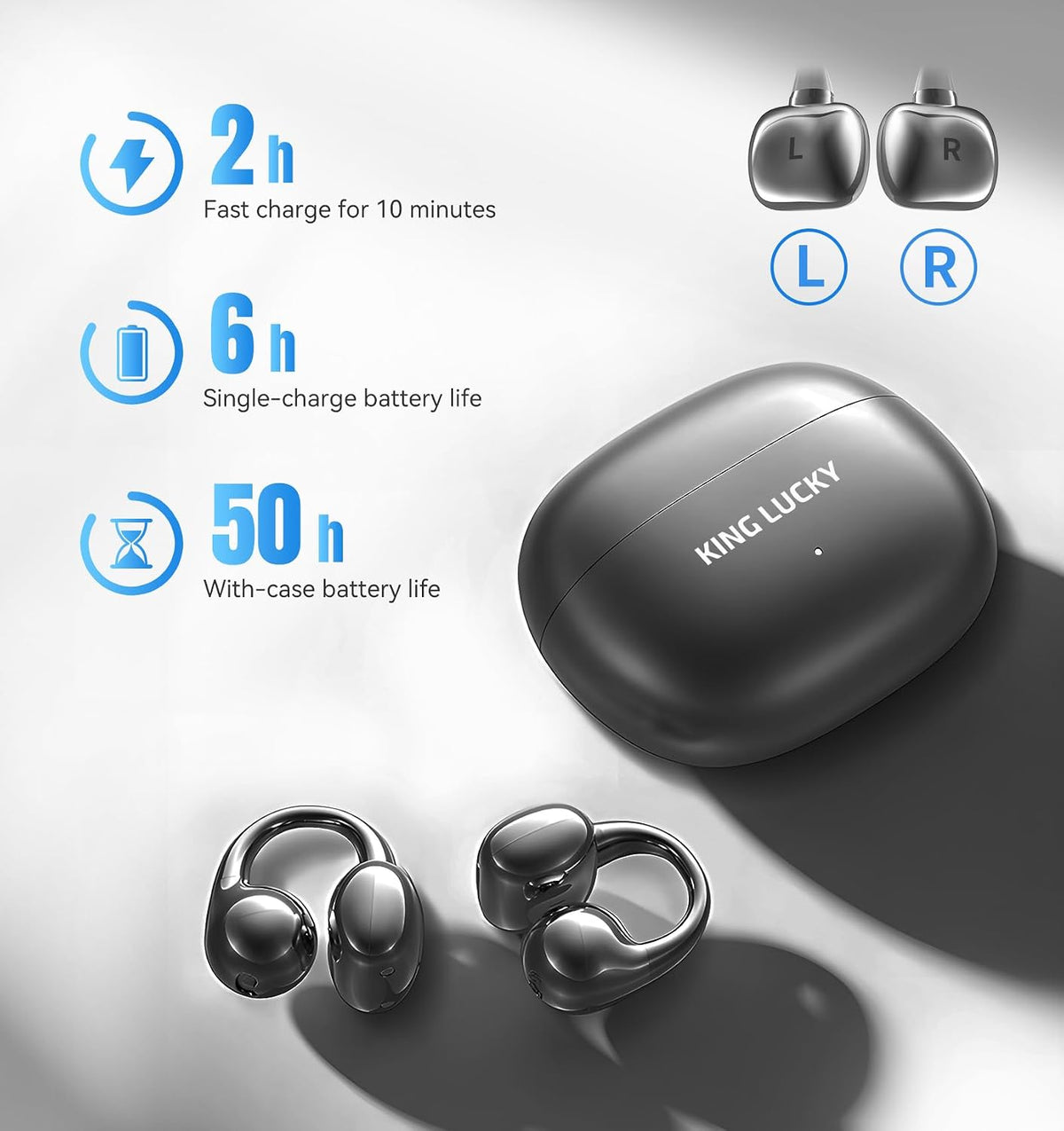 King Lucky Clip-On Earbuds, Open-Ear Wireless Bluetooth 6.0 Headphones with Mic, Secure Fit for Small Ears & Glasses Wearers, 50H Playtime, ENC, IPX5 Waterproof Sport Ear Buds
