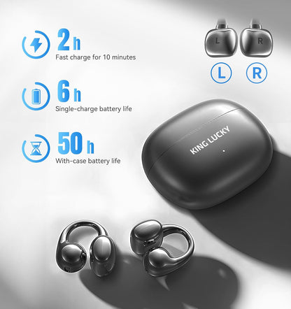 King Lucky Clip-On Earbuds, Open-Ear Wireless Bluetooth 6.0 Headphones with Mic, Secure Fit for Small Ears & Glasses Wearers, 50H Playtime, ENC, IPX5 Waterproof Sport Ear Buds