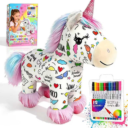 Coloring Unicorn Plush Toy – Paint Your Own Unicorn Doll with 12 Washable Markers