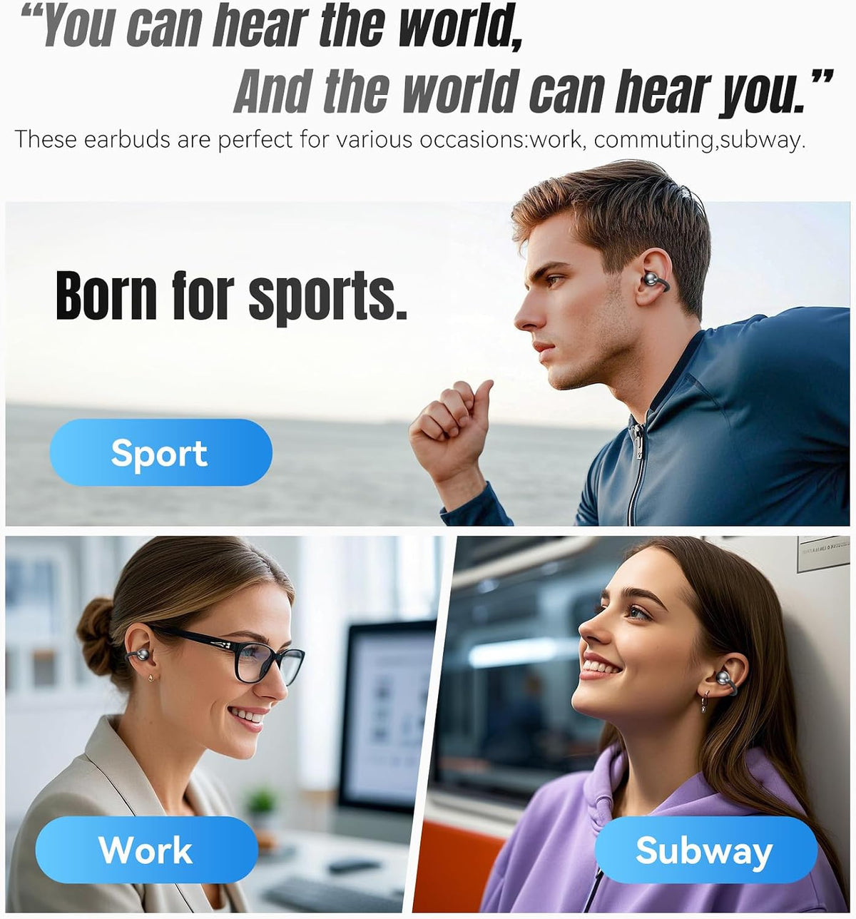 King Lucky Clip-On Earbuds, Open-Ear Wireless Bluetooth 6.0 Headphones with Mic, Secure Fit for Small Ears & Glasses Wearers, 50H Playtime, ENC, IPX5 Waterproof Sport Ear Buds