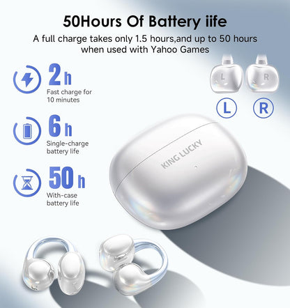King Lucky Clip-On Earbuds, Open-Ear Wireless Bluetooth 6.0 Headphones with Mic, Secure Fit for Small Ears & Glasses Wearers, 50H Playtime, ENC, IPX5 Waterproof Sport Ear Buds