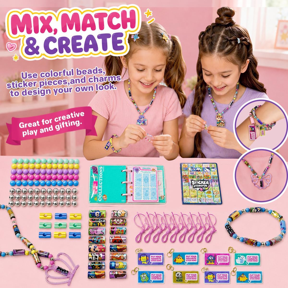 Sticky Rolls Bracelet Kit with Metal Chain & 2 Cartoon Pendants, 480 Mini Stickers