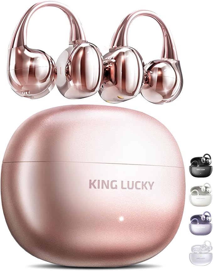King Lucky Clip-On Earbuds, Open-Ear Wireless Bluetooth 6.0 Headphones with Mic, Secure Fit for Small Ears & Glasses Wearers, 50H Playtime, ENC, IPX5 Waterproof Sport Ear Buds