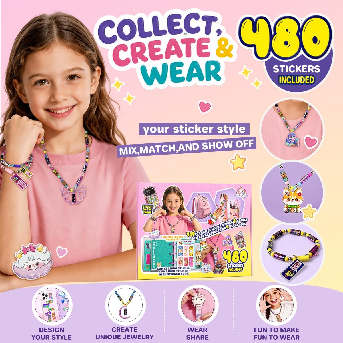 Sticky Rolls Bracelet Kit with Metal Chain & 2 Cartoon Pendants, 480 Mini Stickers