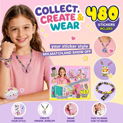Sticky Rolls Bracelet Kit with Metal Chain & 2 Cartoon Pendants, 480 Mini Stickers