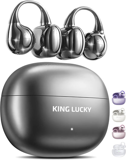 King Lucky Clip-On Earbuds, Open-Ear Wireless Bluetooth 6.0 Headphones with Mic, Secure Fit for Small Ears & Glasses Wearers, 50H Playtime, ENC, IPX5 Waterproof Sport Ear Buds
