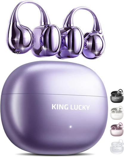 King Lucky Clip-On Earbuds, Open-Ear Wireless Bluetooth 6.0 Headphones with Mic, Secure Fit for Small Ears & Glasses Wearers, 50H Playtime, ENC, IPX5 Waterproof Sport Ear Buds