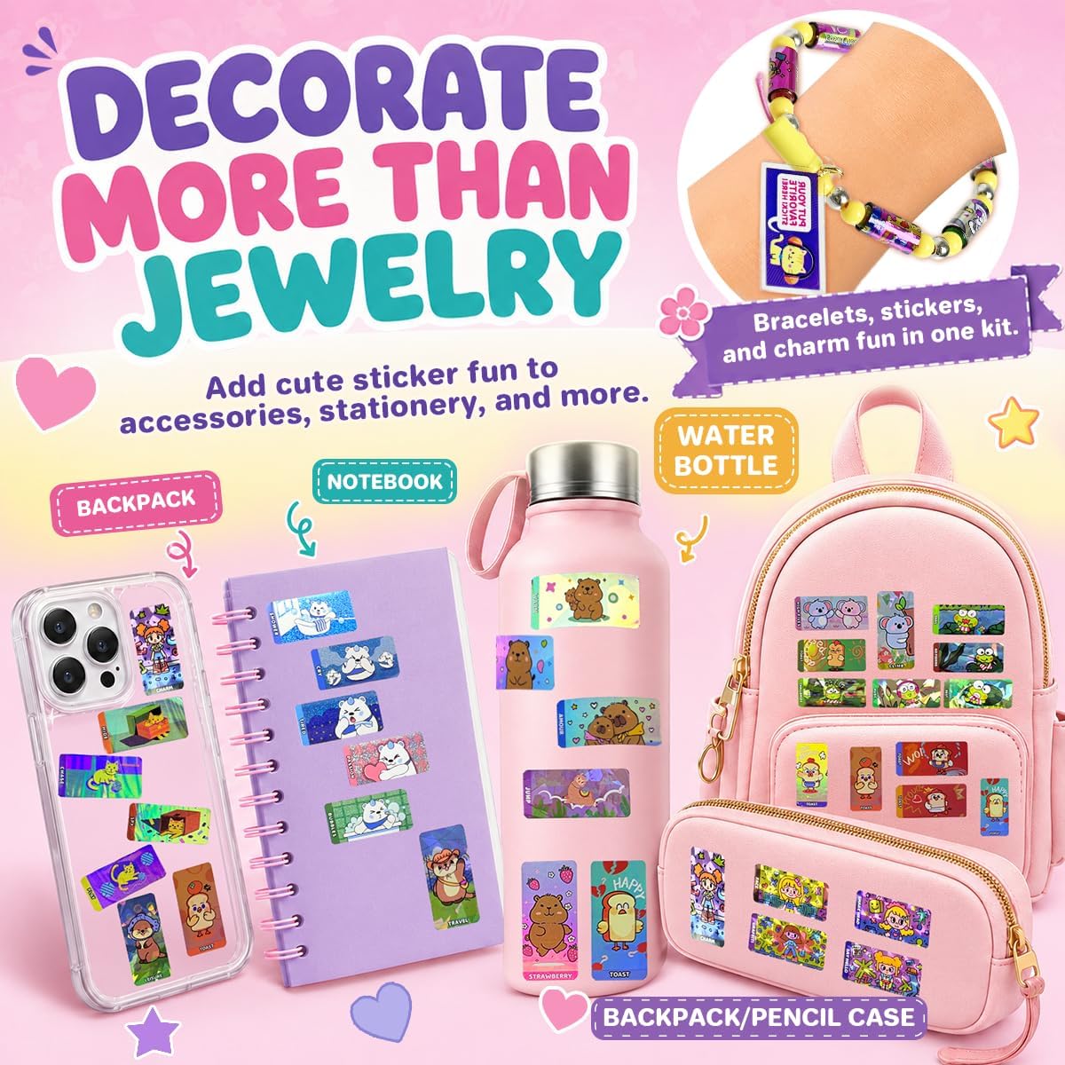Sticky Rolls Bracelet Kit with Metal Chain & 2 Cartoon Pendants, 480 Mini Stickers
