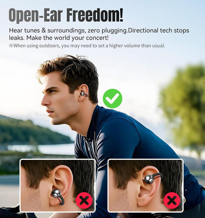 King Lucky Clip-On Earbuds, Open-Ear Wireless Bluetooth 6.0 Headphones with Mic, Secure Fit for Small Ears & Glasses Wearers, 50H Playtime, ENC, IPX5 Waterproof Sport Ear Buds