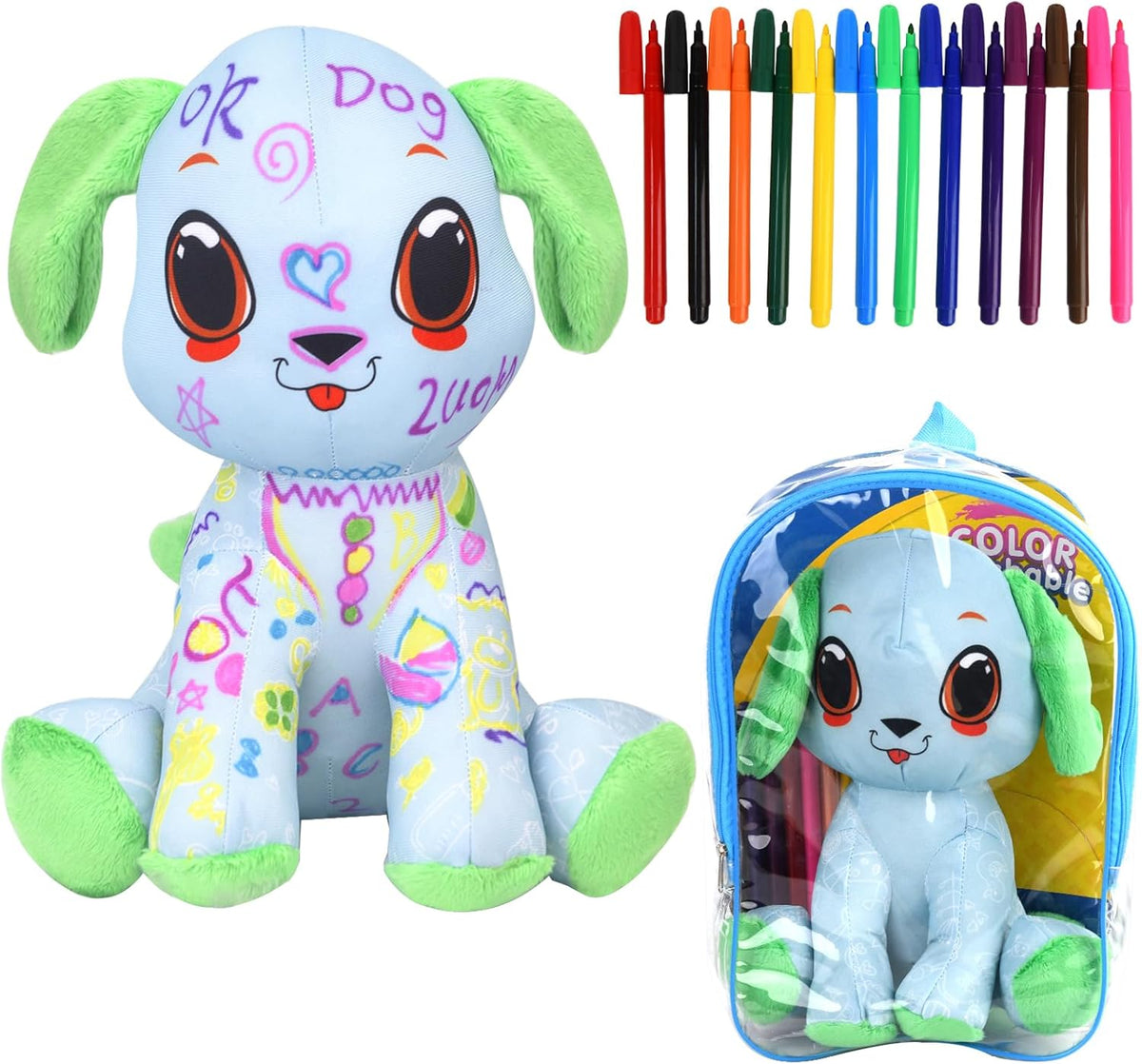 DRAWMYTOY Coloring Plush Toy with 12 Washable Markers for Kids