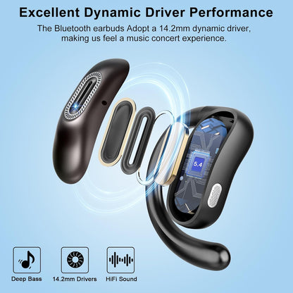 Qecnato Open Ear Headphones, Bluetooth 5.4 Earbuds, 50H, Air Conduction Ear Buds, HD Stereo Bass Over Ear Earphones with Earhooks, Ultra-Comfort Secure Fit, IPX7 Waterproof Headset for Working Sports