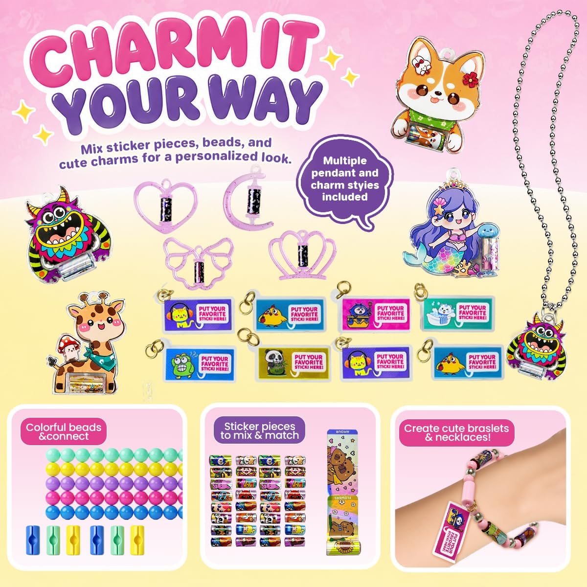 Sticky Rolls Bracelet Kit with Metal Chain & 2 Cartoon Pendants, 480 Mini Stickers