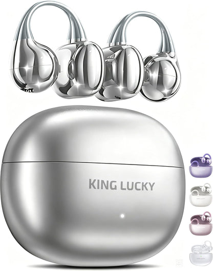 King Lucky Clip-On Earbuds, Open-Ear Wireless Bluetooth 6.0 Headphones with Mic, Secure Fit for Small Ears & Glasses Wearers, 50H Playtime, ENC, IPX5 Waterproof Sport Ear Buds