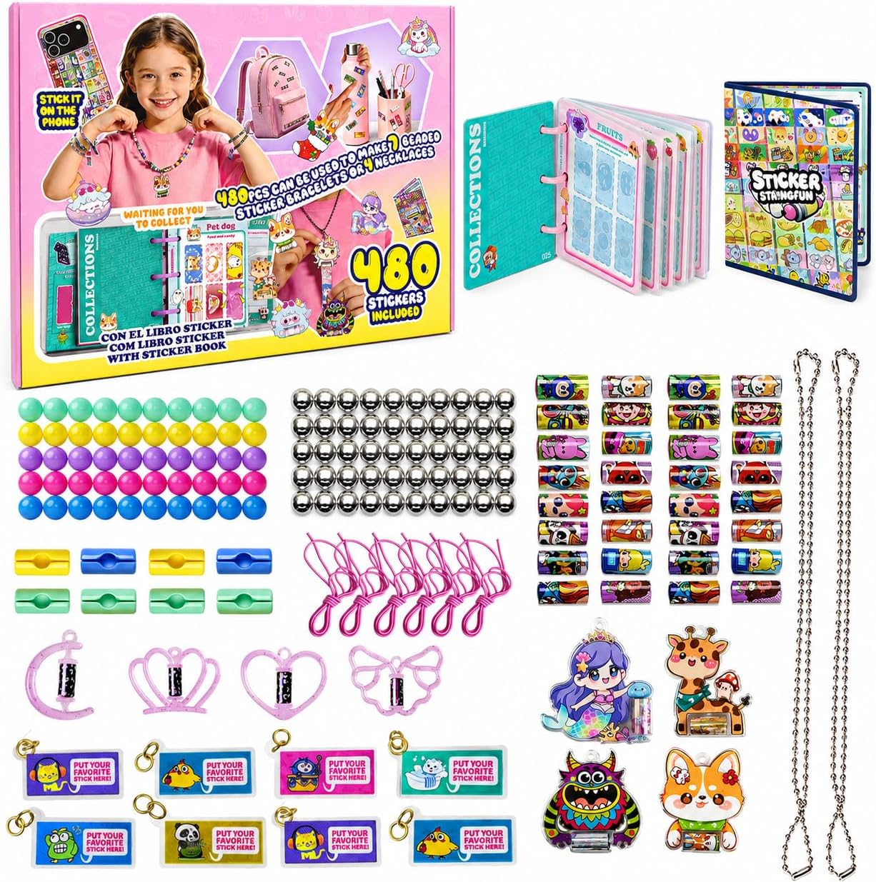 Sticky Rolls Bracelet Kit with Metal Chain & 2 Cartoon Pendants, 480 Mini Stickers