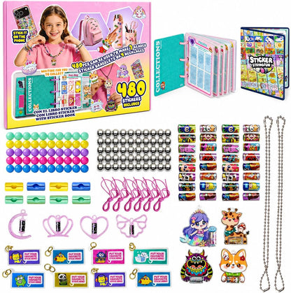 Sticky Rolls Bracelet Kit with Metal Chain & 2 Cartoon Pendants, 480 Mini Stickers