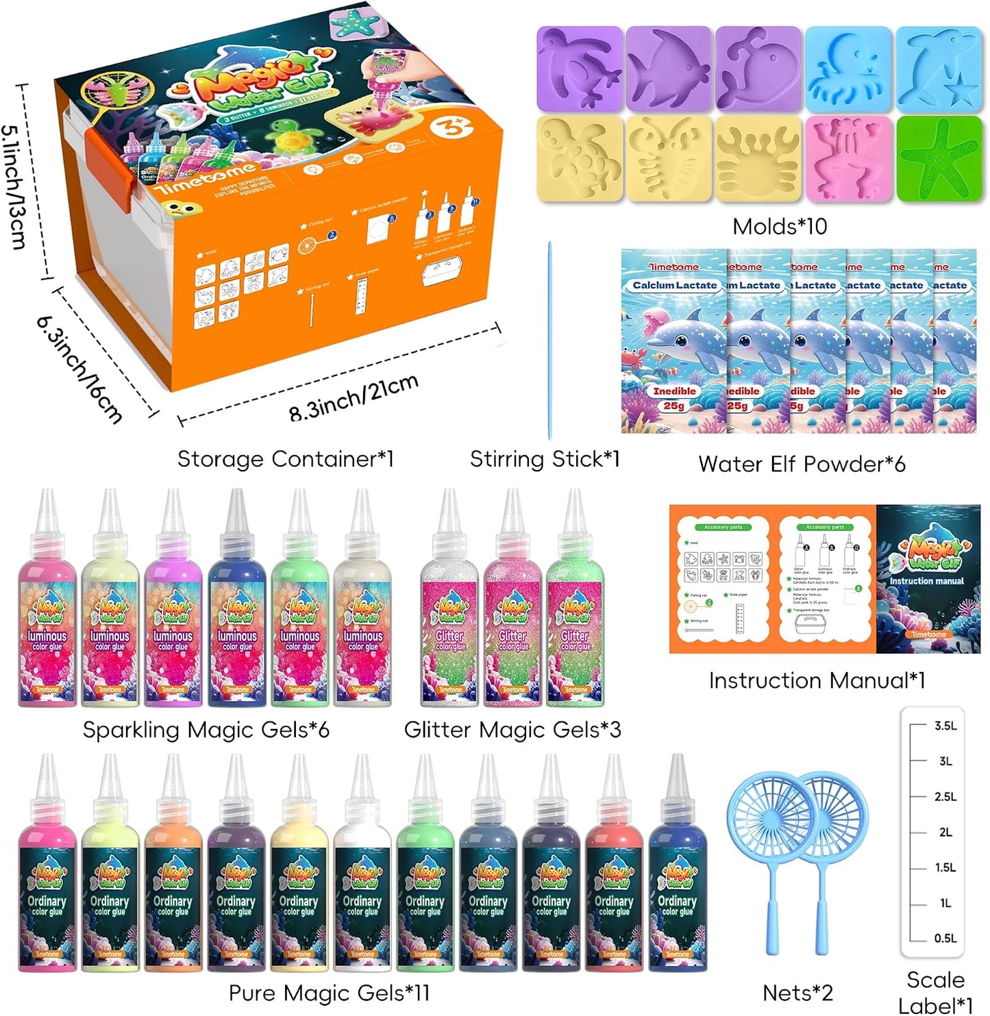 Timetome Magic Water Elf Toy Kit for Kids – 20 Gels & 10 Molds, DIY Squishy Maker, Night Glow & Glitter