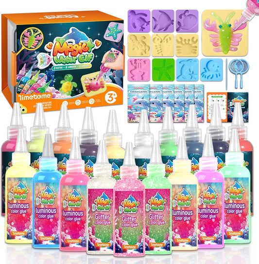 Timetome Magic Water Elf Toy Kit for Kids – 20 Gels & 10 Molds, DIY Squishy Maker, Night Glow & Glitter